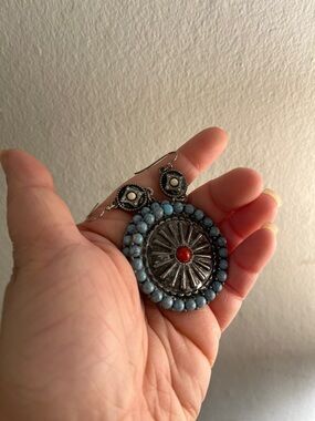 Boho Silver-Tone Medallion Earrings with Blue Bead Trim and Red Accent